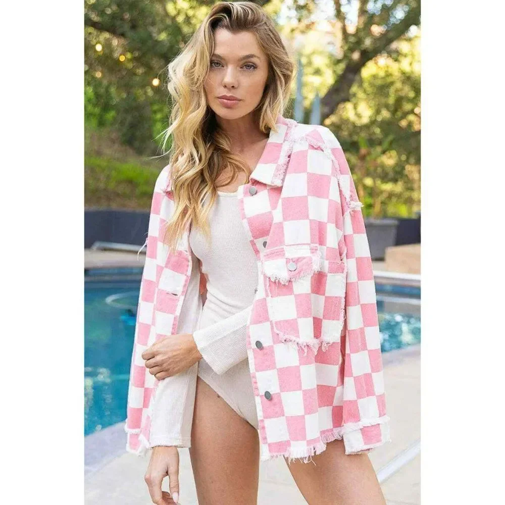 POL Clothing Pink and White Denim Checkered Race Check Shacket New S-L YWT7 - Picture 2 of 8